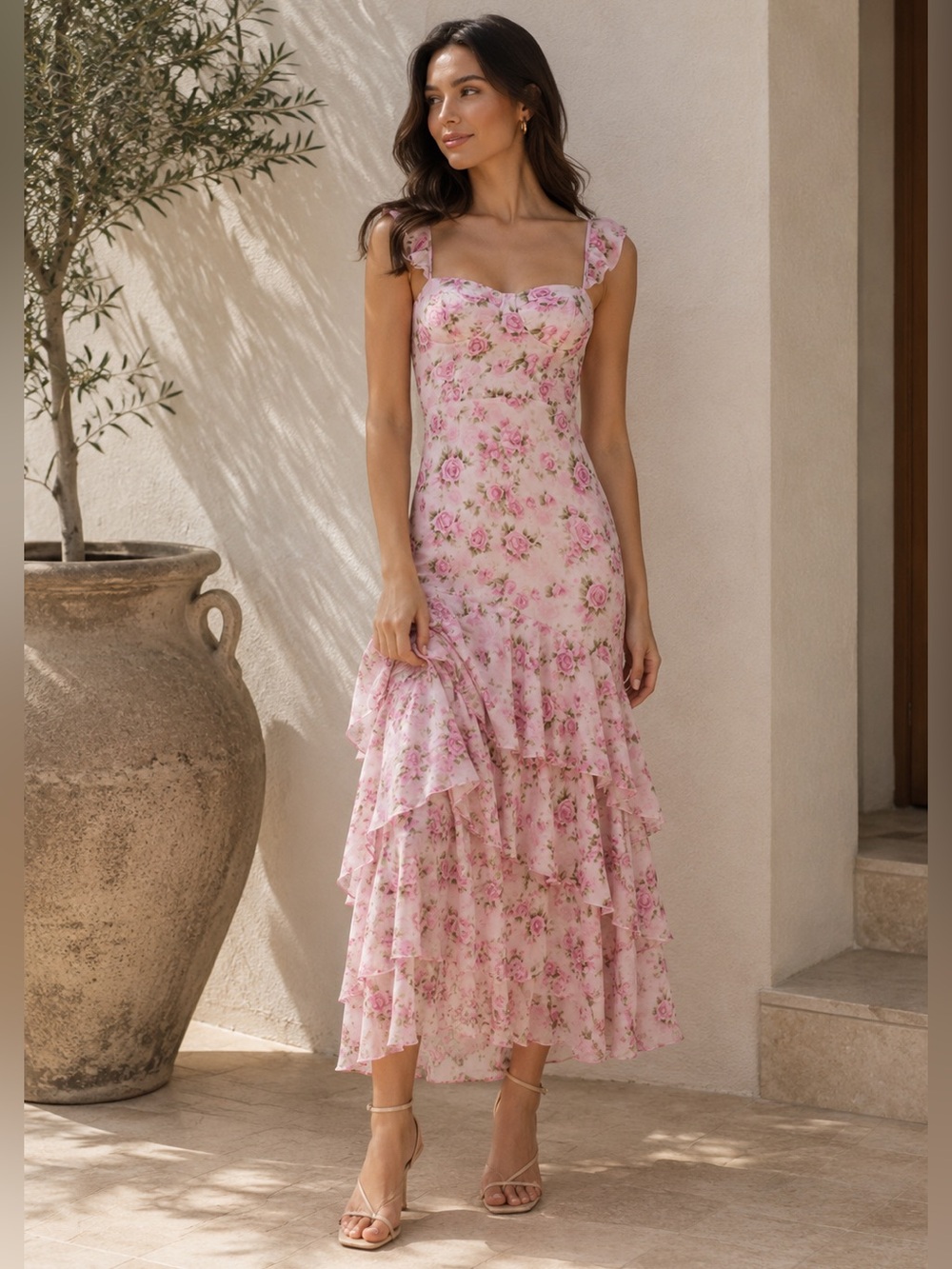 ASTR The Label Alcina Polka Dot Maxi Dress Pink Multi Floral